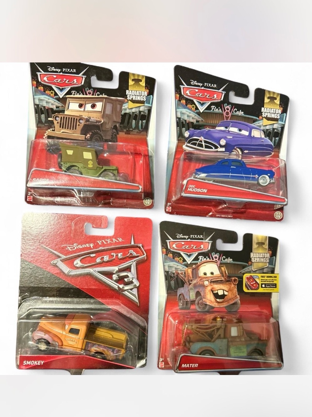 Disney Pixar Cars Die-Cast Lot: Sarge, Doc Hudson, Smokey, and Mater
